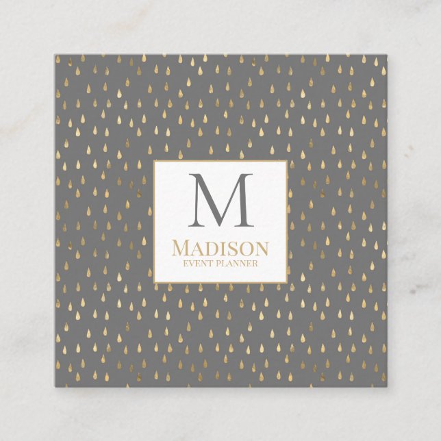 Grey Gold Raindrop Modern Trendy Monogram Square Business Card (Front)