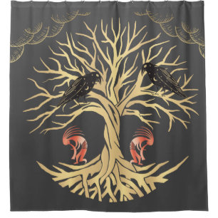 Grey Gold Ravens and Kokopelli Shower Curtain