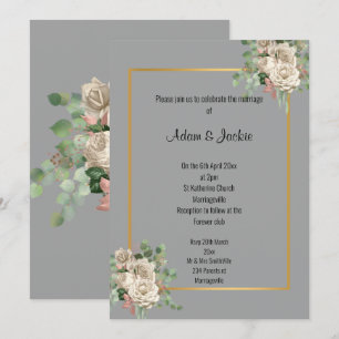 GREY GOLD ROSE EUCALYPTUS WHITE WEDDING INVITATION