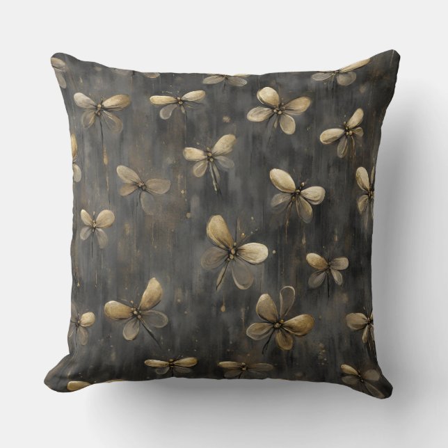 Grey Gold Rustic Firefly Print Cushion (Front)
