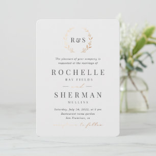 Grey Gold Rustic Simple Leaf Monogram Wedding  Invitation