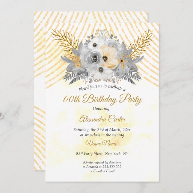 Grey Gold Sepia Floral Bouquet Birthday Party Invitation (Front/Back)