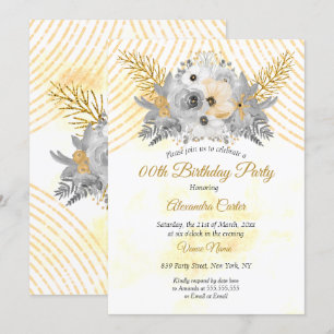 Grey Gold Sepia Floral Bouquet Birthday Party Invitation