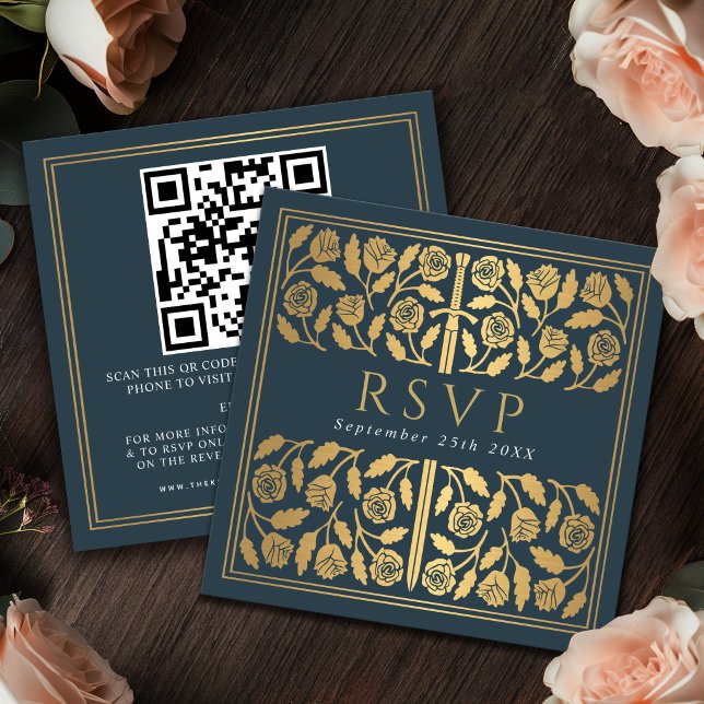 Grey Gold Sword Royal Wedding RSVP QR Code  Enclosure Card (Creator Uploaded)