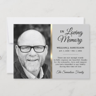 Grey Gold Sympathy Funeral Memory THANK YOU Photo Card