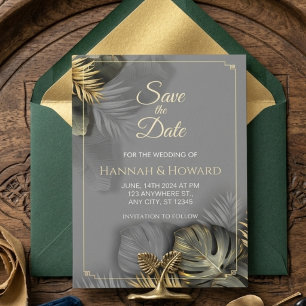 Grey Gold Tropical Leaves Elegant Modern Wedding Invitation