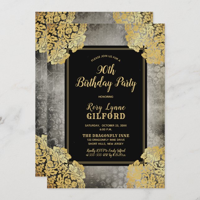 Grey | Gold Victorian Lace 90th Birthday Party Invitation (Front/Back)