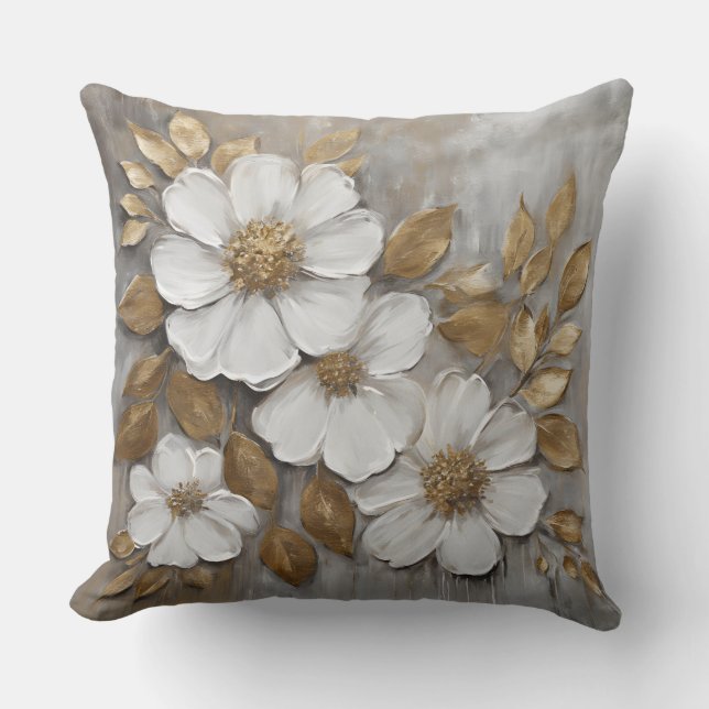 Grey Gold White Bold Floral Cushion (Front)