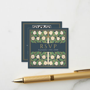 Grey Gold White Floral Royal Wedding RSVP QR Code Enclosure Card