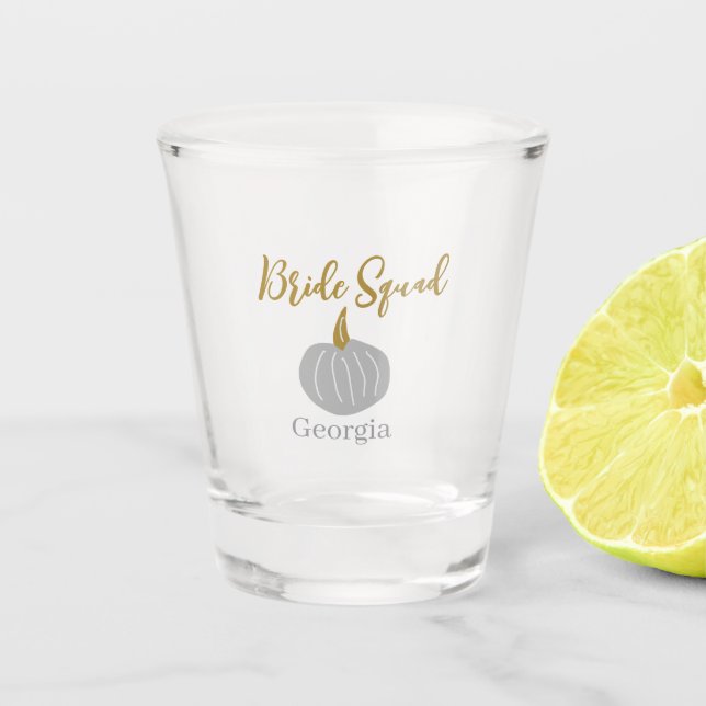 Grey golden pumpkin fall bride squad modern  shot glass (Front)