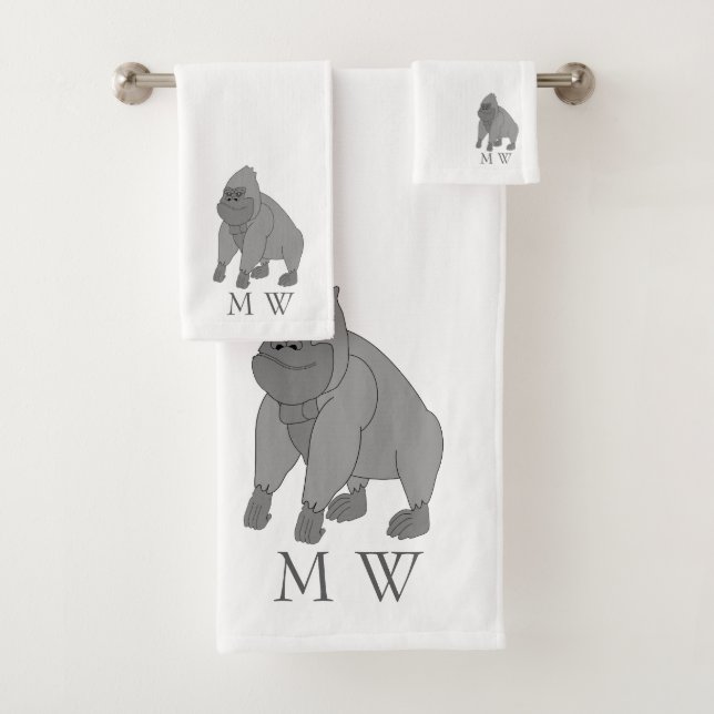 Grey Gorilla Design Monogrammed Bath Towel Set (Insitu)