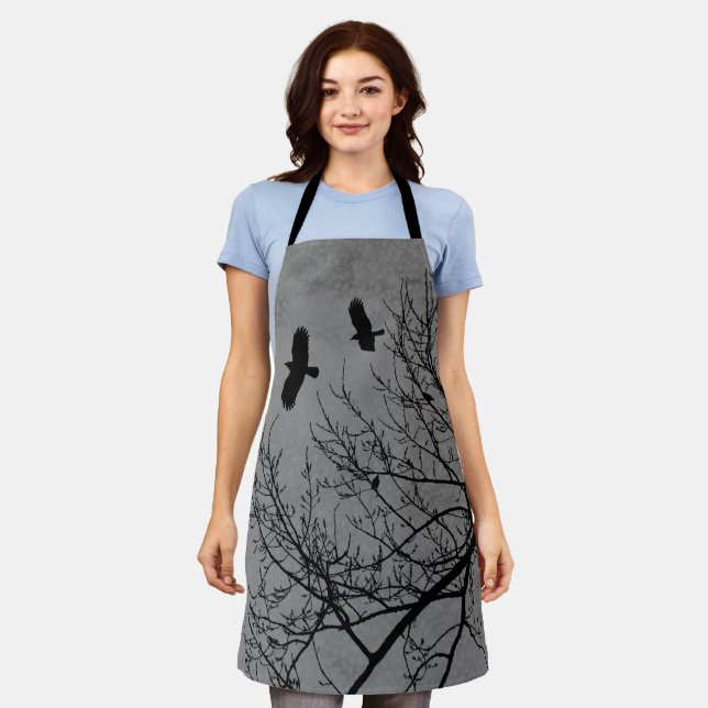 Grey Gothic Crows and Trees Scene Apron (Worn)