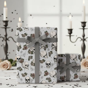 Grey Gothic Skulls and Roses Floral Wrapping Paper
