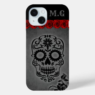Grey Gothic Sugar Skull and Red Roses iPhone 15 Case
