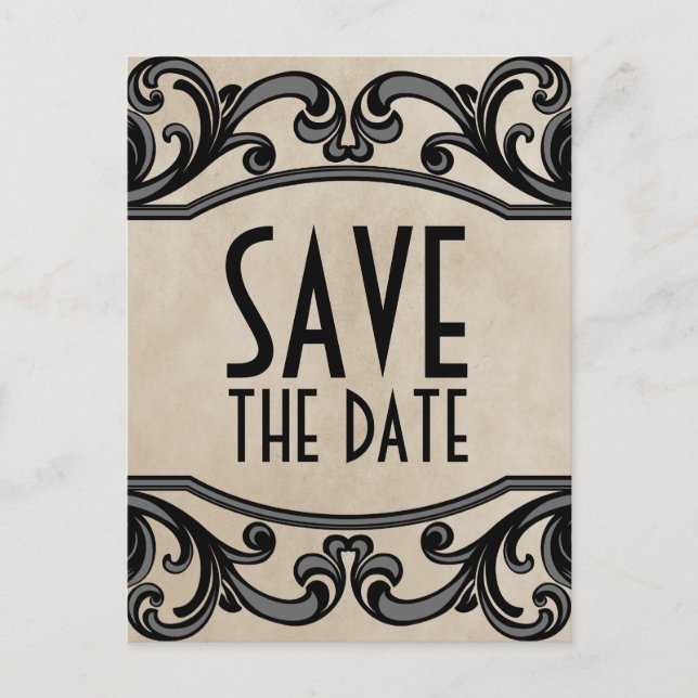 Grey Gothic Swirls Save the Date Postcard (Front)