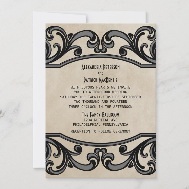 Grey Gothic Swirls Wedding Invite (Front)