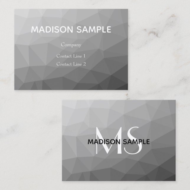 Grey Gradient Geometric Mesh Pattern Monogram Business Card (Front/Back)