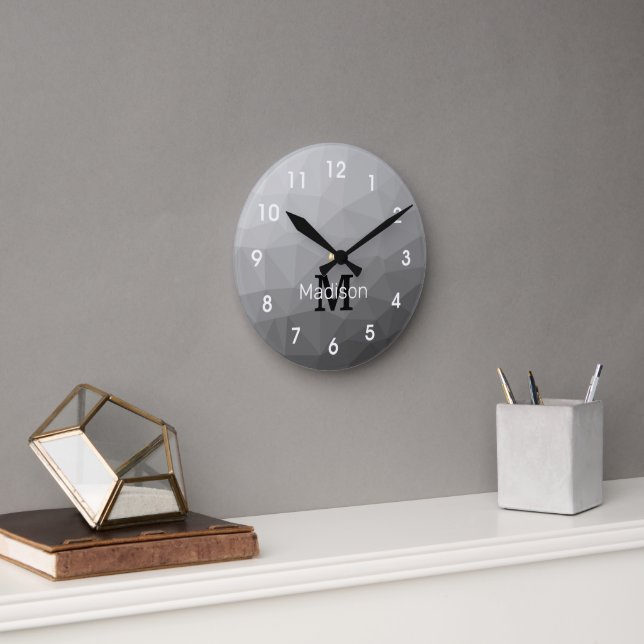 Grey Gradient Geometric Mesh Pattern Monogram Round Clock (Office)