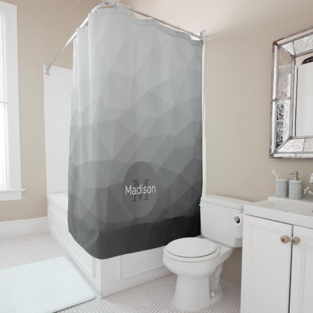 Grey Gradient Geometric Mesh Pattern Monogram Shower Curtain (In Situ)