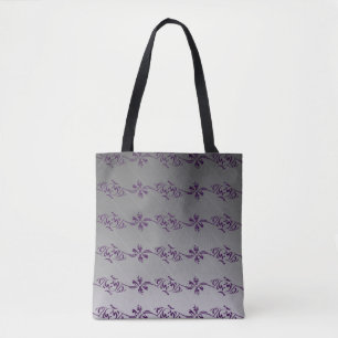 Grey Gradient Purple Striped Floral Leaf Pattern Tote Bag