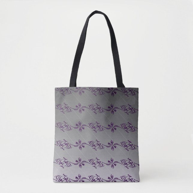 Grey Gradient Purple Striped Floral Leaf Pattern Tote Bag (Front)