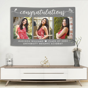 Grey Graduation 3 Photo Modern Calligraphy Hearts Banner
