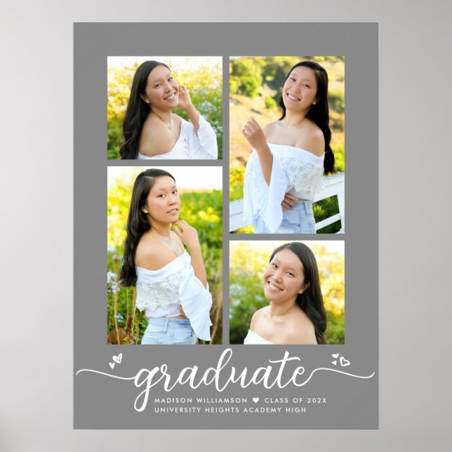 Grey Graduation 4 Photo Script Hearts Modern Girly Poster (Front)