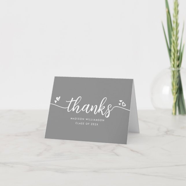 Grey Graduation Chic Modern Elegant Script Hearts Thank You Card (Front)