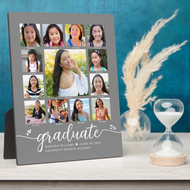 Grey Graduation K–12 Modern Script Photo Collage Plaque (Side)