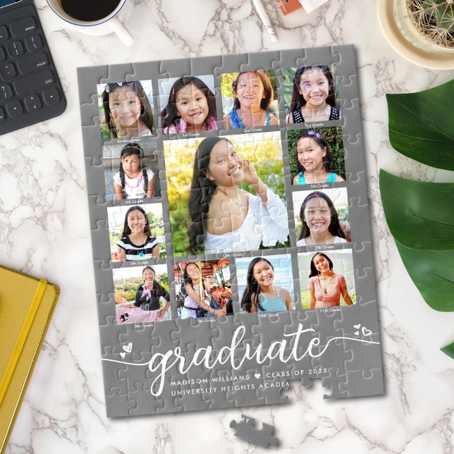 Grey Graduation K–12 Script Hearts Photo Collage Jigsaw Puzzle (Creator Uploaded)