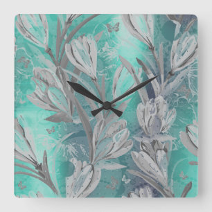 Grey Graphite Aquatic Teal Floral Butterfly Square Wall Clock