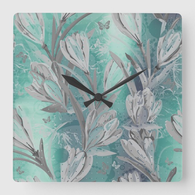 Grey Graphite Aquatic Teal Floral Butterfly Square Wall Clock (Front)
