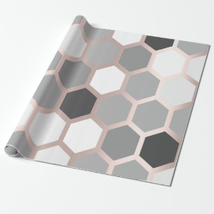 Grey Graphite Rose Gold Geometry Honey Bee Hexagon Wrapping Paper