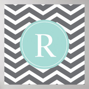 Grey Gray Mint Chevron Monogram Poster
