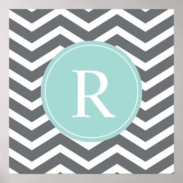 Grey Gray Mint Chevron Monogram Poster (Front)
