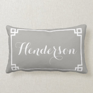 Grey Greek Key Family Name Lumbar Cushion