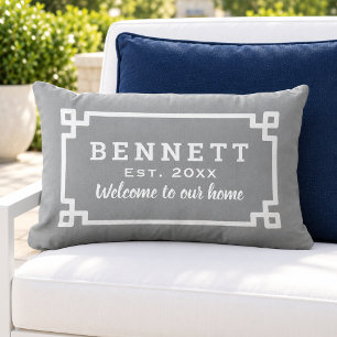 Grey Greek Key Monogram Welcome Lumbar Cushion