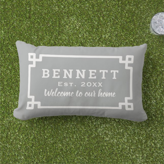 Grey Greek Key Monogram Welcome Lumbar Cushion (Grass)