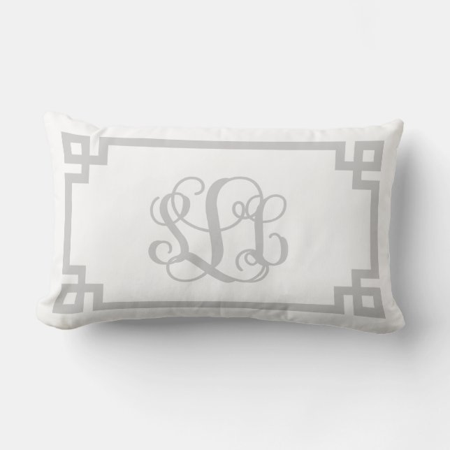 Grey Greek Key Script Monogram Lumbar Cushion (Front)