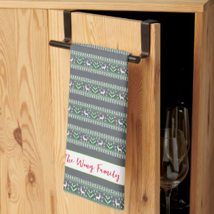 Grey Green and White Fair Isle Christmas Tea Towel