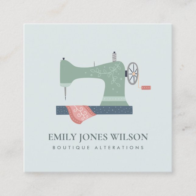 GREY GREEN AQUA ORANGE PINK SEWING MACHINE TAILOR SQUARE BUSINESS CARD (Front)