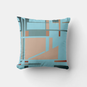 Grey-green Coral Rust Aqua  Geometric MCM Inspired Cushion