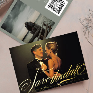 Grey Green Elegant Gold Calligraphy QR Code Photo