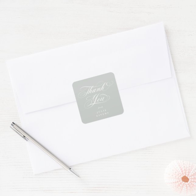 Grey Green Elegant Script Graduation Thank You Square Sticker (Envelope)