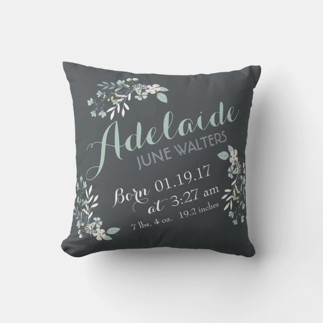 Grey Green Floral Nursery Keepsake Cushion (Front)