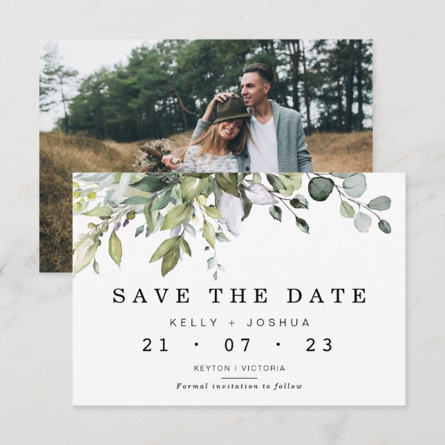 Grey Green Foliage Wedding Save The Date Card (Front/Back)