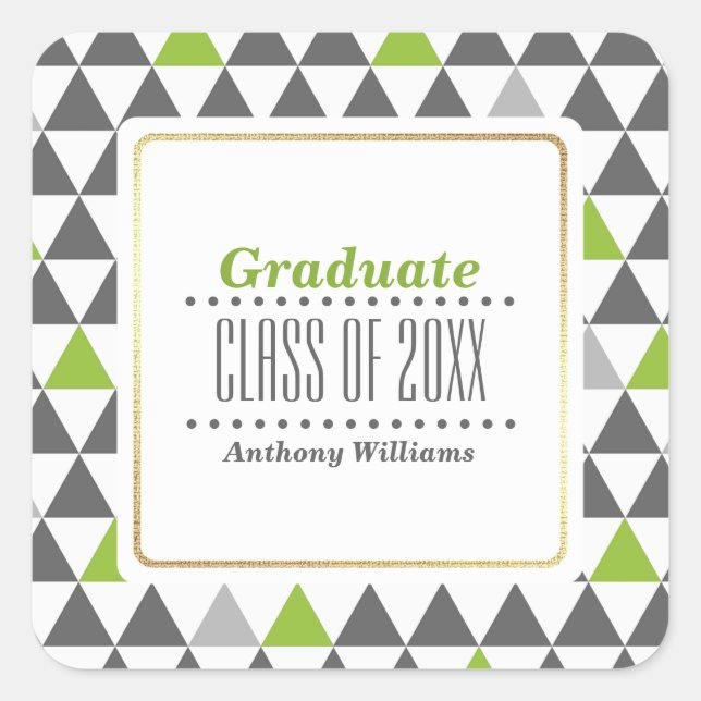 Grey | Green Geometric Pattern Custom Graduation  Square Sticker (Front)