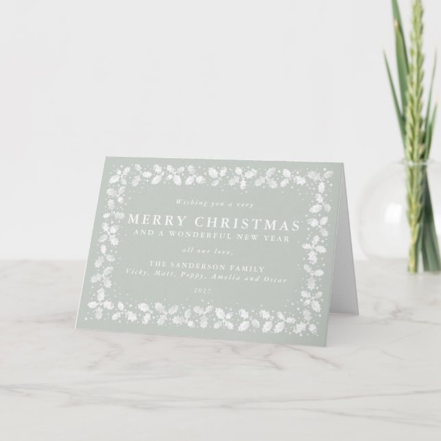 Grey Green Hand Printed Holly + Berries Border Holiday Card (Front)