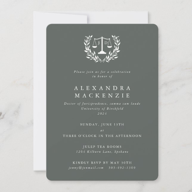 Grey-Green JD Law Scales Laurel Wreath Graduation  Invitation (Front)