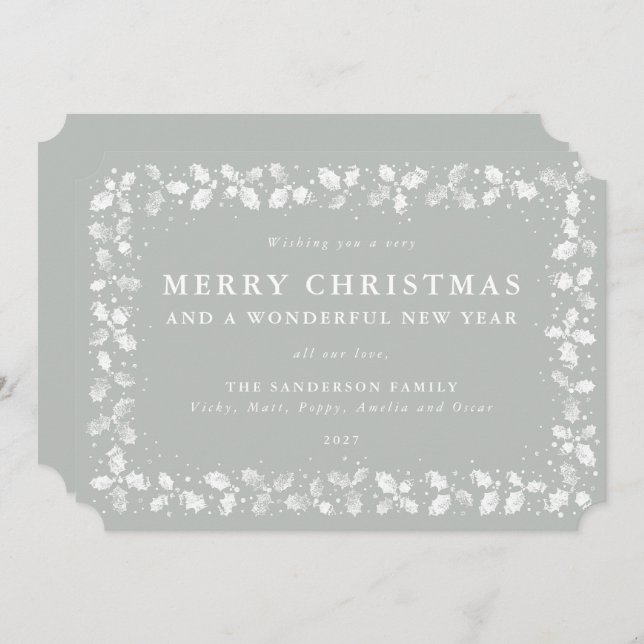 Grey-Green Lino Print Holly Merry Christmas Holiday Card (Front/Back)